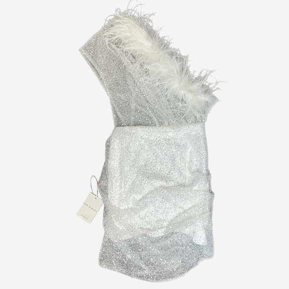Par Violet NWT End Scene Feather Silver Sequin Dress sheer bridal stretchy sz XL - Picture 7 of 16